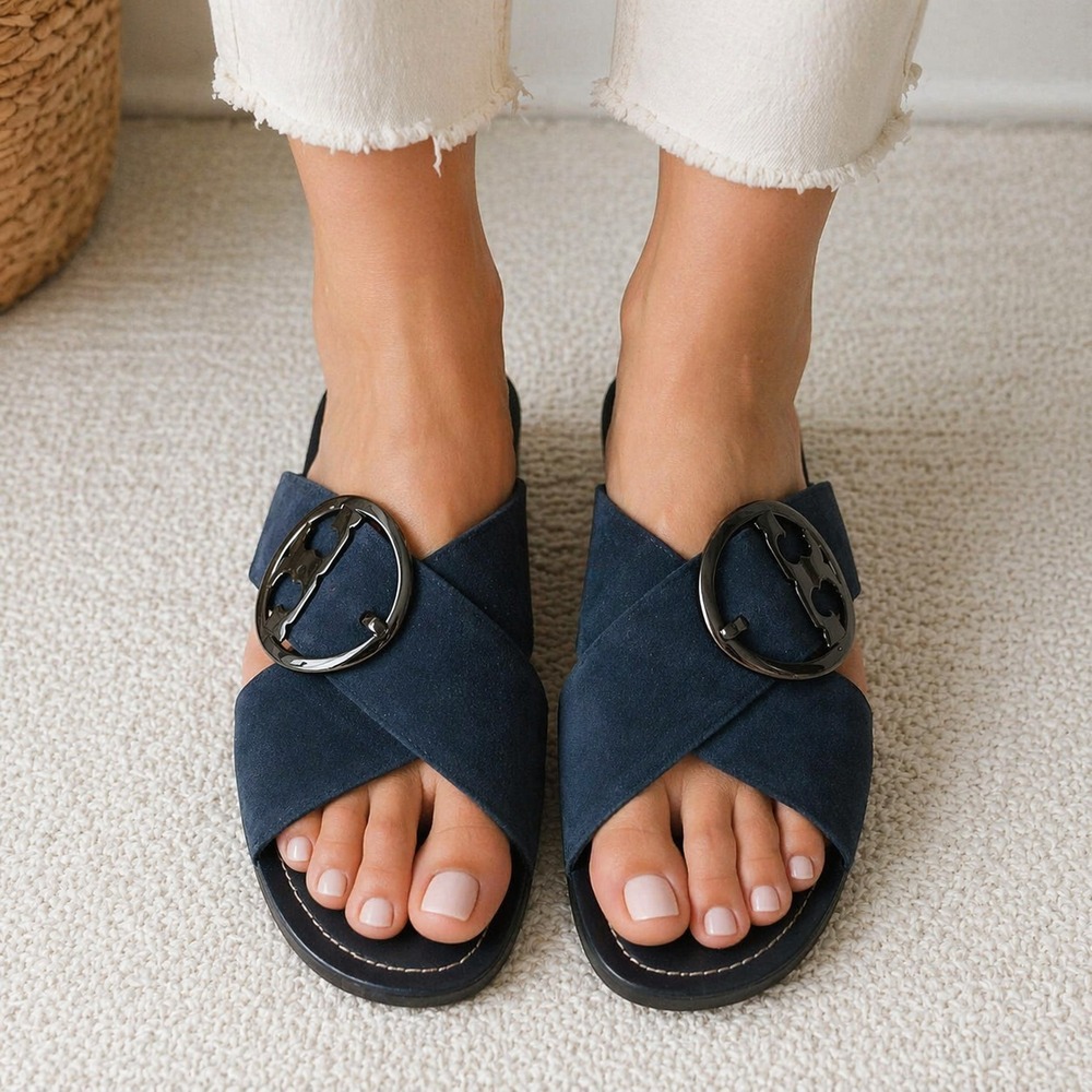 Tory Burch Grant Suede Sandal Open Toe Criss Cross Slides Midnight Blue 7.5 M - Picture 15 of 16